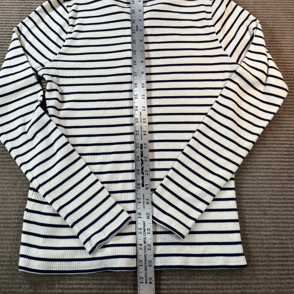 J.Crew Womens Navy White Striped Ruffle Neck Henley Top Gold Buttons Sz Large